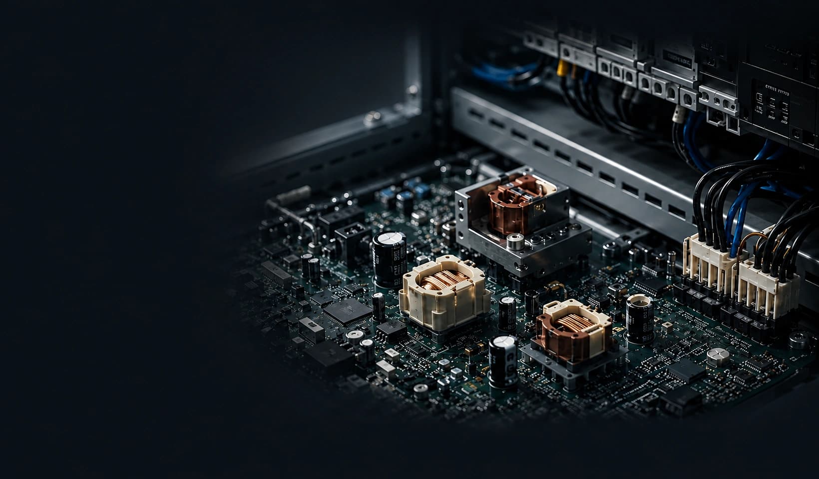 Industrial electronics assembly with printed circuit board and magnetic components